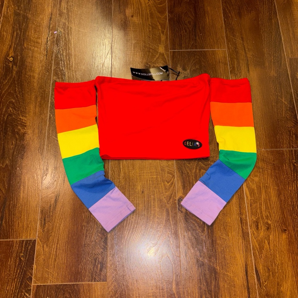 Delia’s Rainbow Shoulder less Crop Long Sleeve Top Women’s Size XS